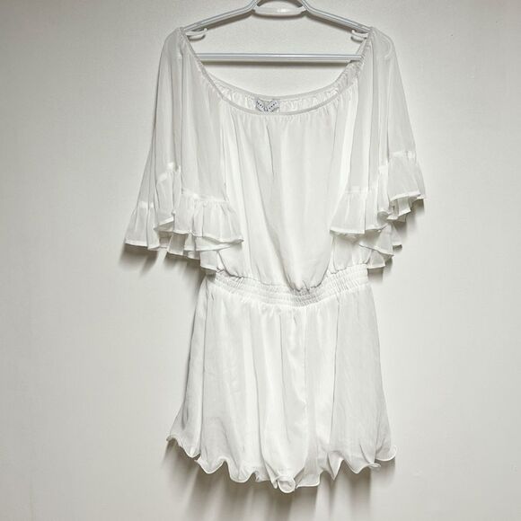 NWT Endless Rose Definitely Demure Off The Shoulder Chiffon Romper - White Sz L - Picture 5 of 8